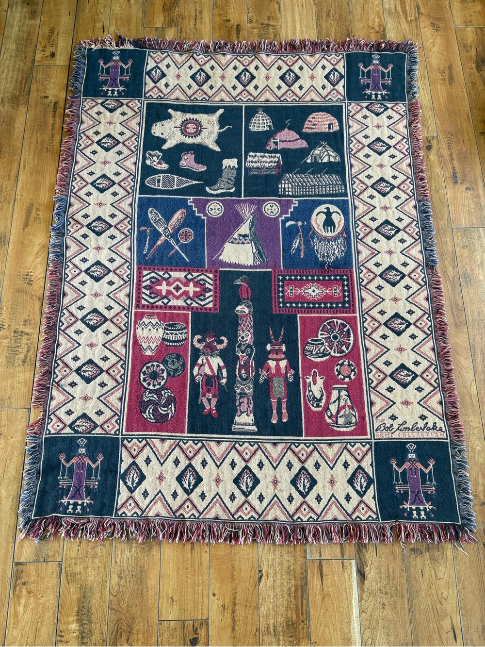 Vintage Bob Timberlake Tapestry Blanket Native Hopi Kachina Totem Poles Navajo